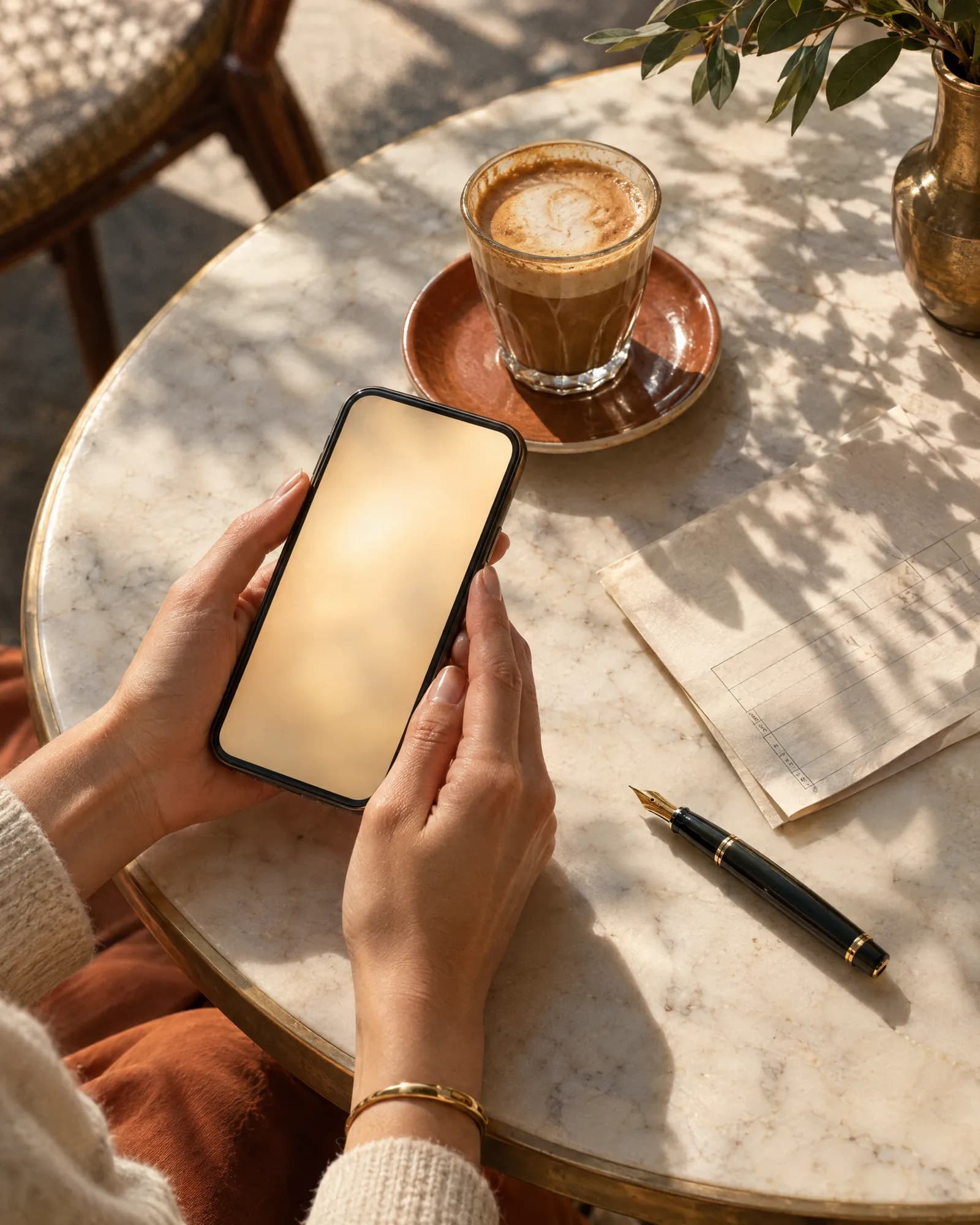 Hands holding a phone over a café table, next to a coffee and a paper invoice
